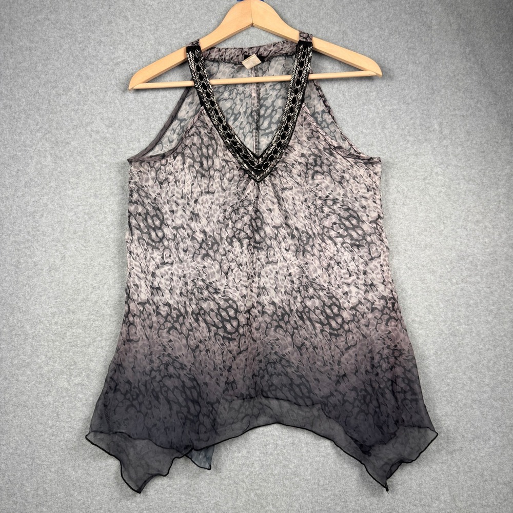 VTG Daytrip Tank Top Womens Small Gray Beaded Handkerchief Y2K Sheer Fairy Goth